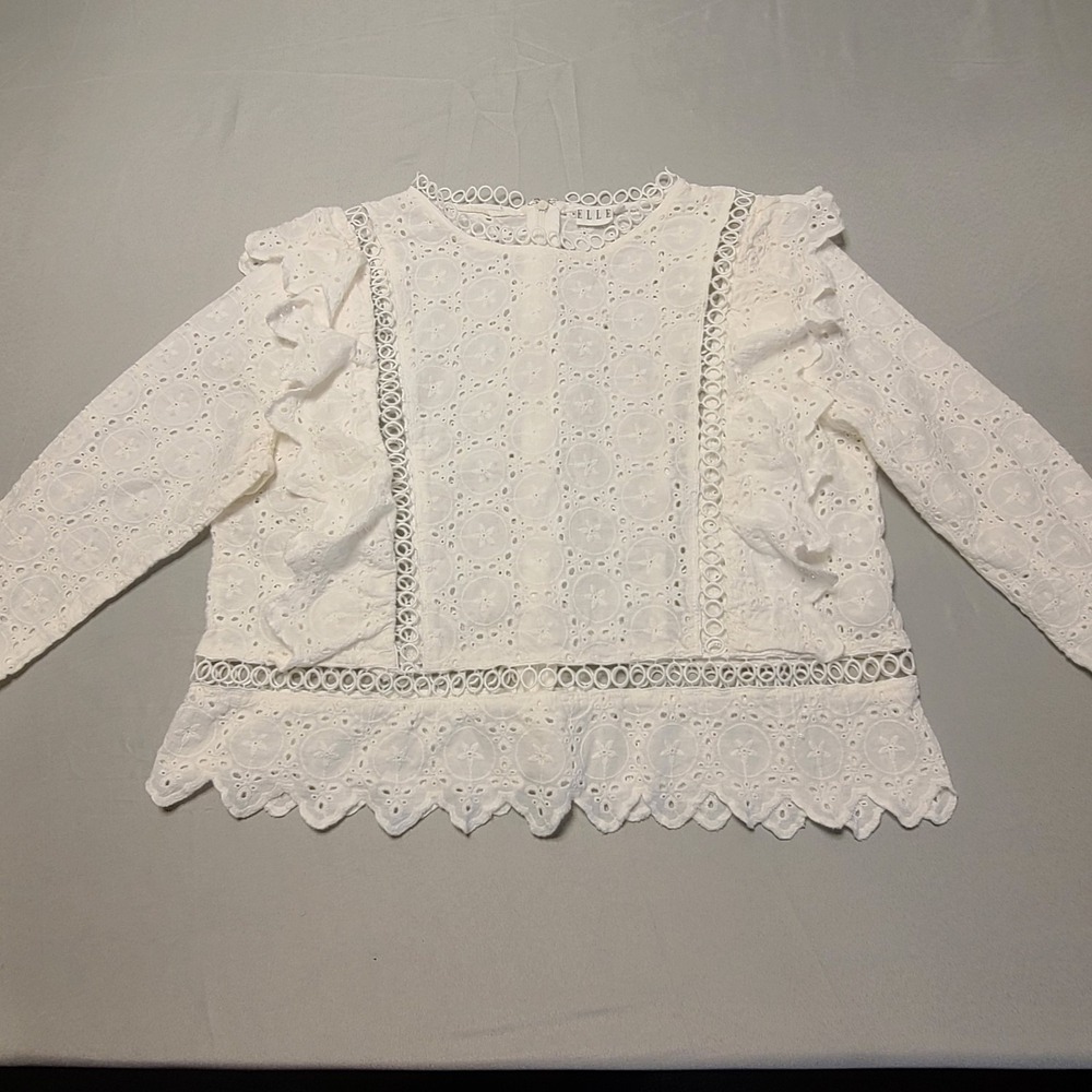 Elle Womens Top‎ White Eyelet Lace Ruffle Size 14 Blouse Crochet Embroidered